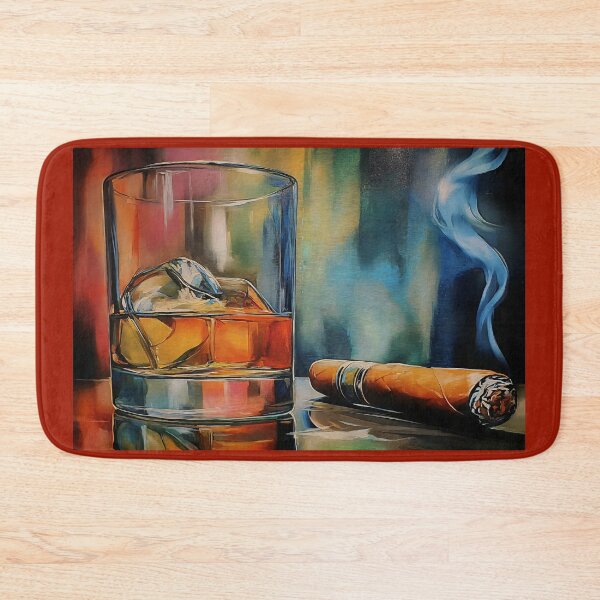 Item preview, Whiskey on Ice with a Lit Cigar, Reflective Surface and Vibrant Abstract Backdrop designed and sold by OlfactoART Studio.
