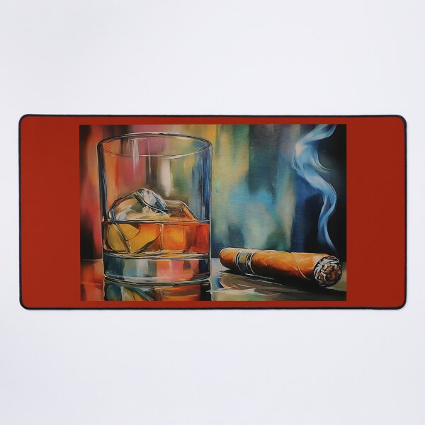 Item preview, Whiskey on Ice with a Lit Cigar, Reflective Surface and Vibrant Abstract Backdrop designed and sold by OlfactoART Studio.