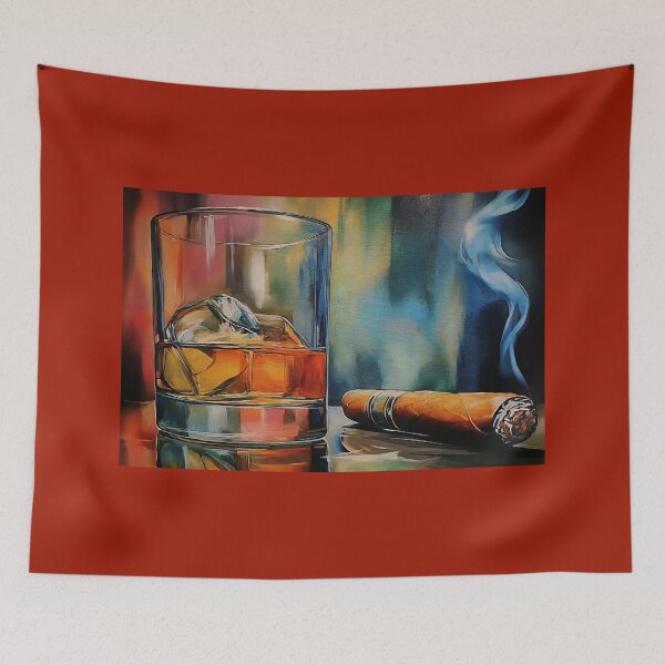 Item preview, Whiskey on Ice with a Lit Cigar, Reflective Surface and Vibrant Abstract Backdrop designed and sold by OlfactoART Studio.