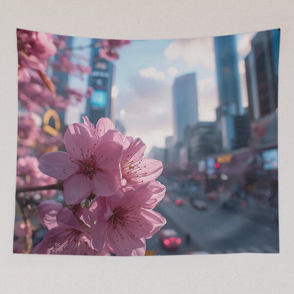 Item preview, Urban Cherry Blossom Cityscape AI Art designed and sold by Then & Now Flora.