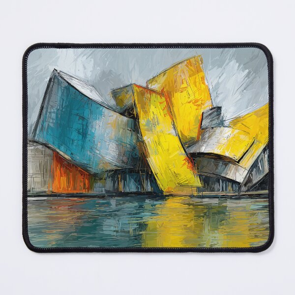 Item preview, Abstract Architectural Building in Bold Blue Yellow and Orange Reflected on Water designed and sold by OlfactoART Studio.