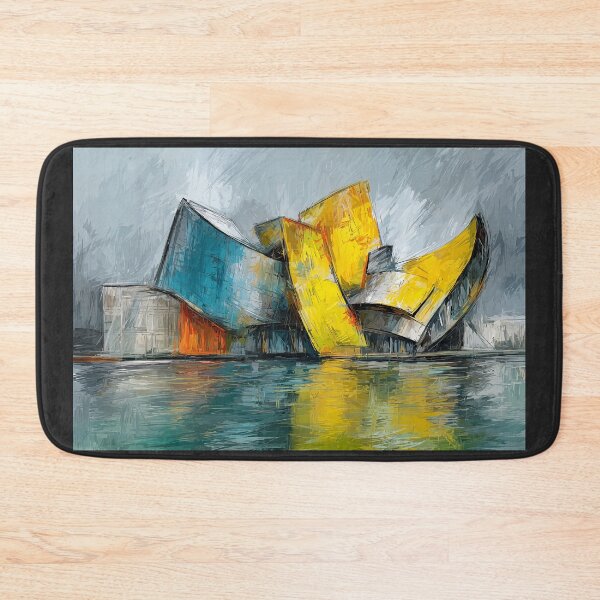 Item preview, Abstract Architectural Building in Bold Blue Yellow and Orange Reflected on Water designed and sold by OlfactoART Studio.