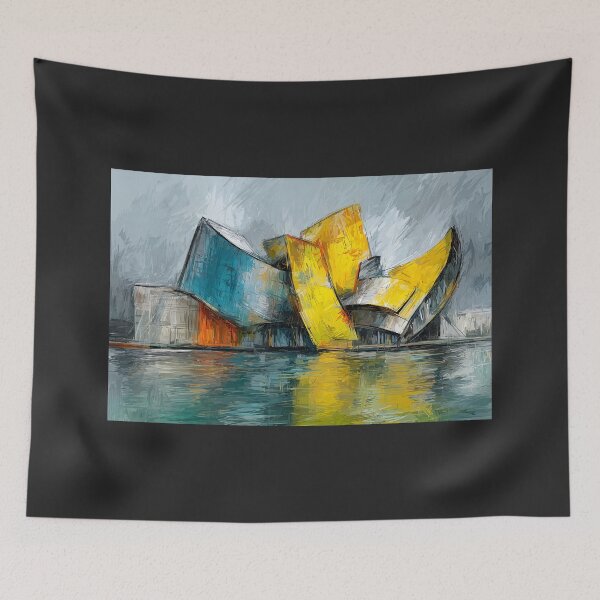 Item preview, Abstract Architectural Building in Bold Blue Yellow and Orange Reflected on Water designed and sold by OlfactoART Studio.