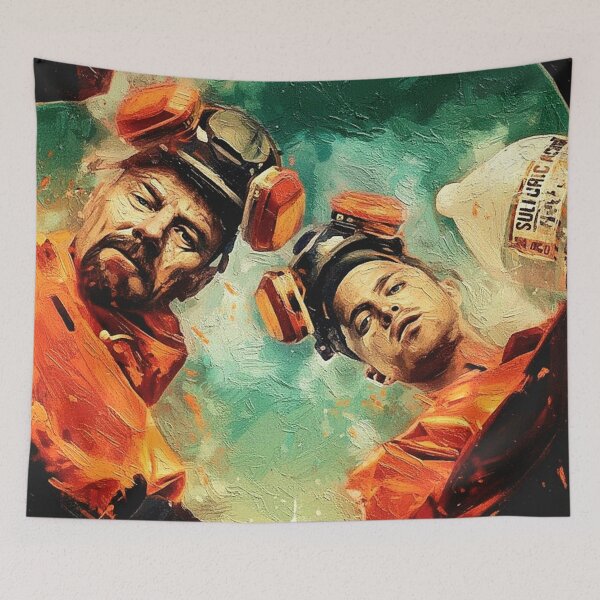 Item preview, Modern Anti-Heroes Orange Hazmat Suit Art | Overhead View Chemical Lab Painting | Gritty TV Drama designed and sold by Art's Diner.