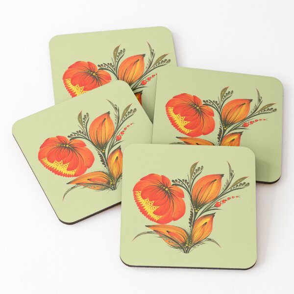 Item preview, Red-orange flowers Branch, Ukraine art, Petrykivka style, author's drawing, Christmas art designed and sold by Sunflower-7.
