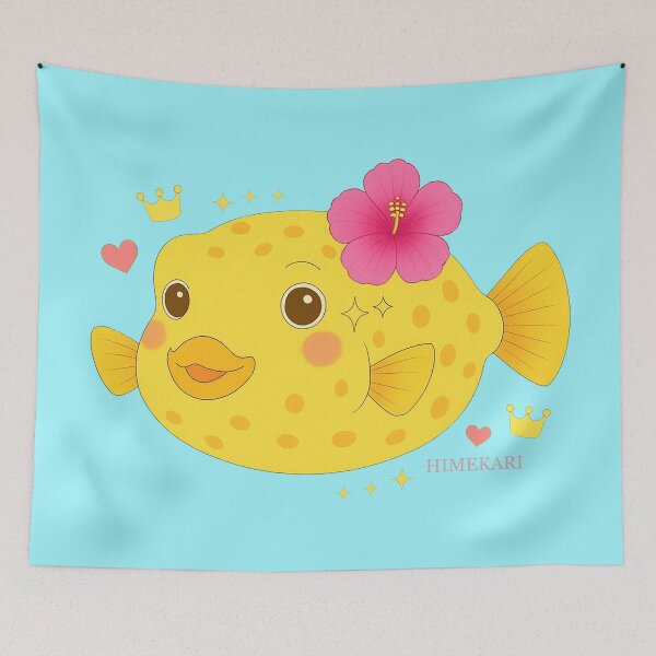 Item preview, Yellow Boxfish and hibiscus - Solid Blue designed and sold by HIMEKARI.