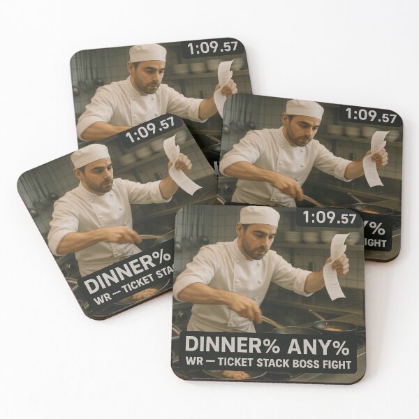 Item preview, Dinner% Any% WR — Line Cook Ticket Stack Boss Fight designed and sold by POD DYNASTY | Original Print On Demand T-Shirt Graphics.