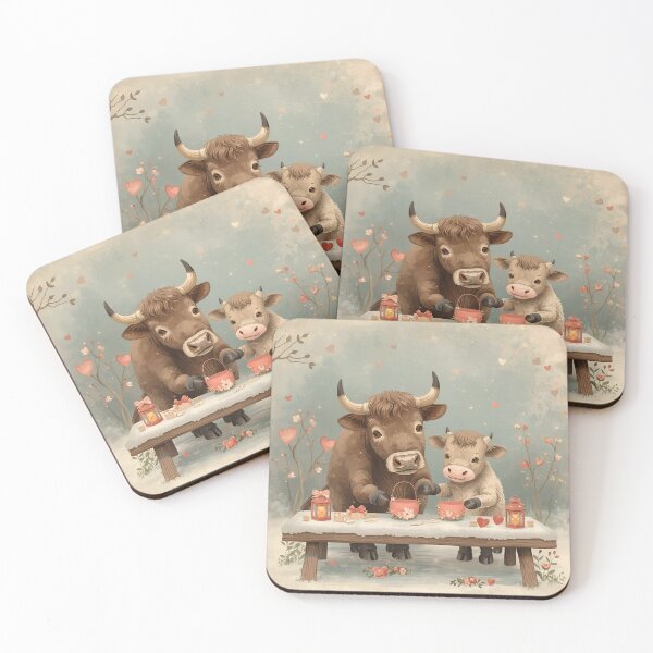 Item preview, Valentine’s Ox & Calf Couple • Whimsical Heart Basket Prep Art designed and sold by WildlifeWhimsy.