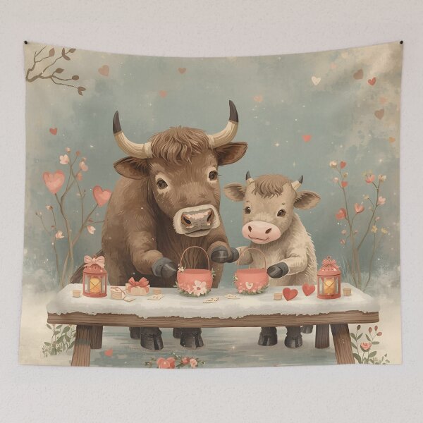 Item preview, Valentine’s Ox & Calf Couple • Whimsical Heart Basket Prep Art designed and sold by WildlifeWhimsy.