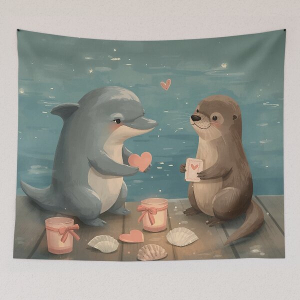 Item preview, Valentine’s Dolphin & Otter Couple • Whimsical Seaside Heart Prep Art designed and sold by WildlifeWhimsy.