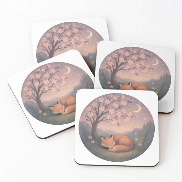 Item preview, Sleeping Fox Under Cherry Blossom Moon – Cottagecore Dream Illustration designed and sold by CurioCabinetCo.