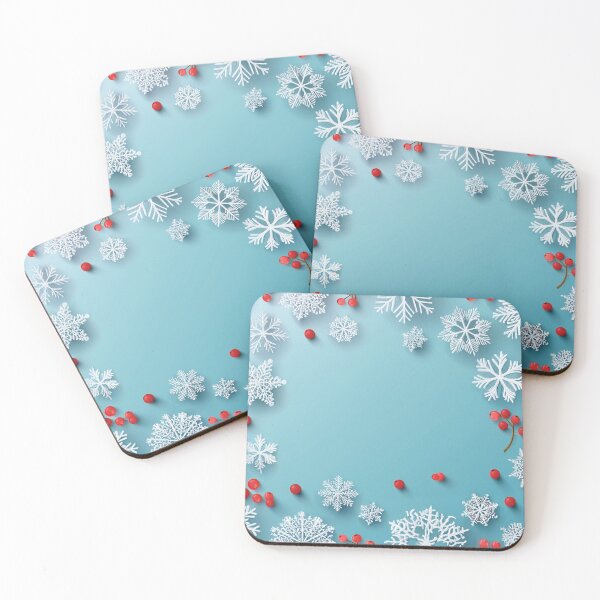 Item preview, Festive holiday snowflakes and red berries, cool blue background, minimalist blue colour palette, holiday watercolor painting, winter holiday season decor  designed and sold by navitalidesign.