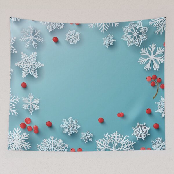 Item preview, Festive holiday snowflakes and red berries, cool blue background, minimalist blue colour palette, holiday watercolor painting, winter holiday season decor  designed and sold by navitalidesign.