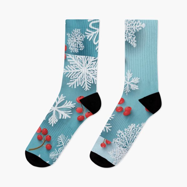Item preview, Festive holiday snowflakes and red berries, cool blue background, minimalist blue colour palette, holiday watercolor painting, winter holiday season decor  designed and sold by navitalidesign.