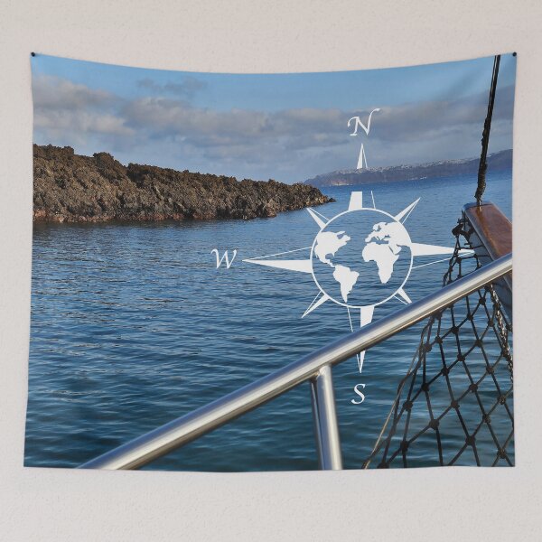 Item preview, Sailing the Caldera, Santorini, Greece with world compass illustration designed and sold by CHASAcreative.