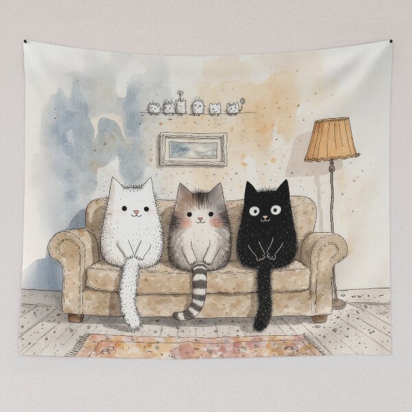 Artikelvorschau, Gemütliche Sofafreunde – Verspielter Kunstdruck mit Katze und Igel entworfen und verkauft von Whimsical Hug.