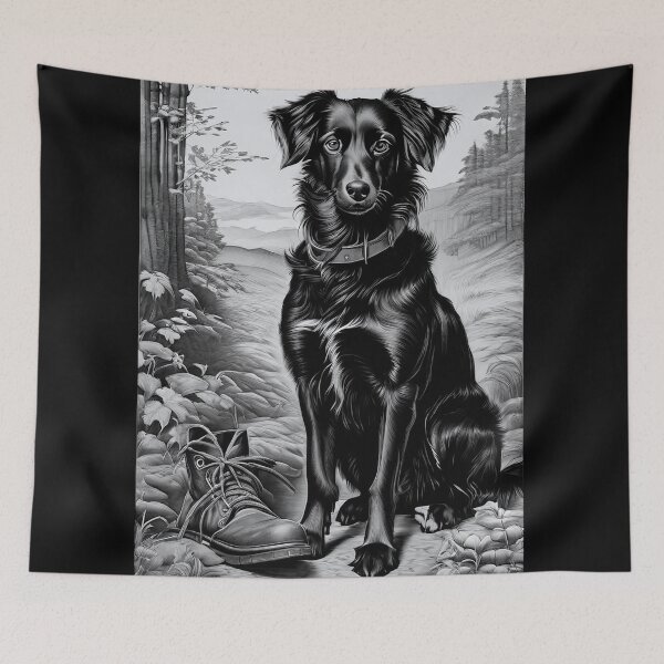 Item preview, Black dog on hiking trail, monochrome designed and sold by Mianku | Für das Leben.