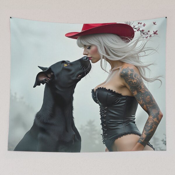 Item preview, Sexy Girl with White Hair in a Corset Kissing Her Dog designed and sold by Huskyyy Designs.