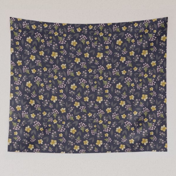 Item preview, Whimiscal Cottagecore Watercolor Floral Pattern on a dark blue background designed and sold by Designs by christel_treiber.