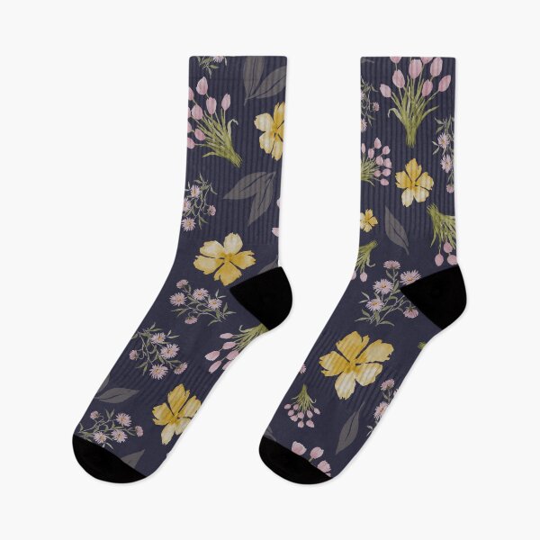 Item preview, Whimiscal Cottagecore Watercolor Floral Pattern on a dark blue background designed and sold by Designs by christel_treiber.