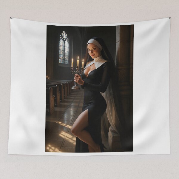Item preview, Nun holding candelabra in cathedral aisle designed and sold by CathryneDelamort.