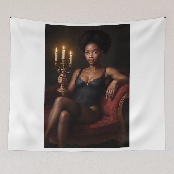 Item preview, Black woman holds candelabra on velvet chair designed and sold by CathryneDelamort.