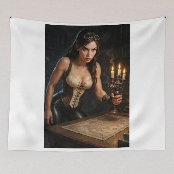 Item preview, Steampunk woman holds candelabra over map designed and sold by CathryneDelamort.
