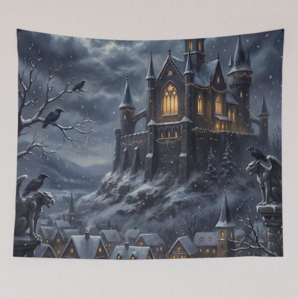 Item preview, Moonlit Gothic Castle Christmas – Dark Fairytale Winter Village Art designed and sold by MuseAI.