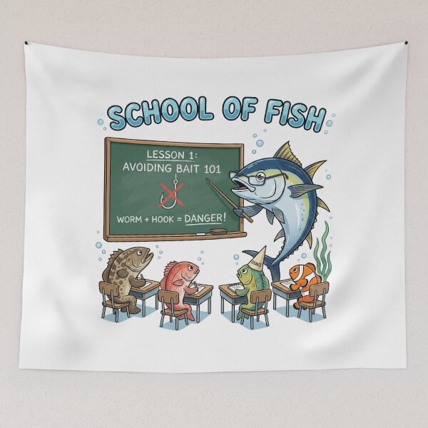 Item preview, Funny School of Fish Cartoon Avoiding Bait Lesson designed and sold by EverBranz-stor.