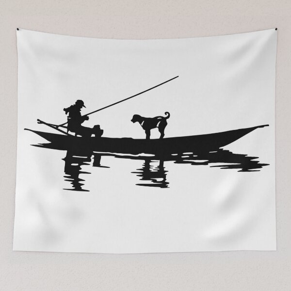 Item preview, Fisherman and Dog on Boat – Minimal Outdoor Adventure Art designed and sold by LotusDigitalArt.