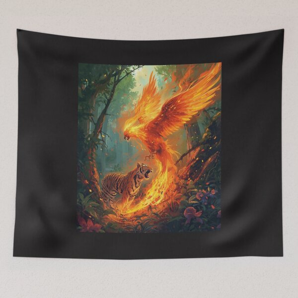 Item preview, Epic Phoenix vs Tiger Battle in Enchanted Forest - Fantasy Mythical Creatures Art designed and sold by TitanRN.