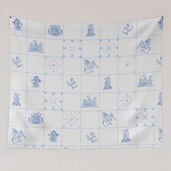 Item preview, Delft Tiles Castlecore Dragons & Medieval Fantasy Castles in soft blue tone designed and sold by aneladesigns.