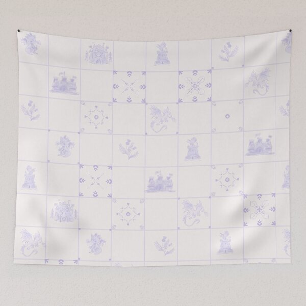 Item preview, Delft Tiles Castlecore Dragons & Medieval Fantasy Castles in lilac tone designed and sold by aneladesigns.