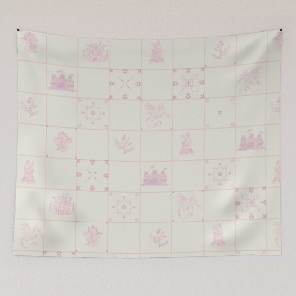 Item preview, Delft Tiles Castlecore Dragons & Medieval Fantasy Castles in soft pink tone designed and sold by aneladesigns.
