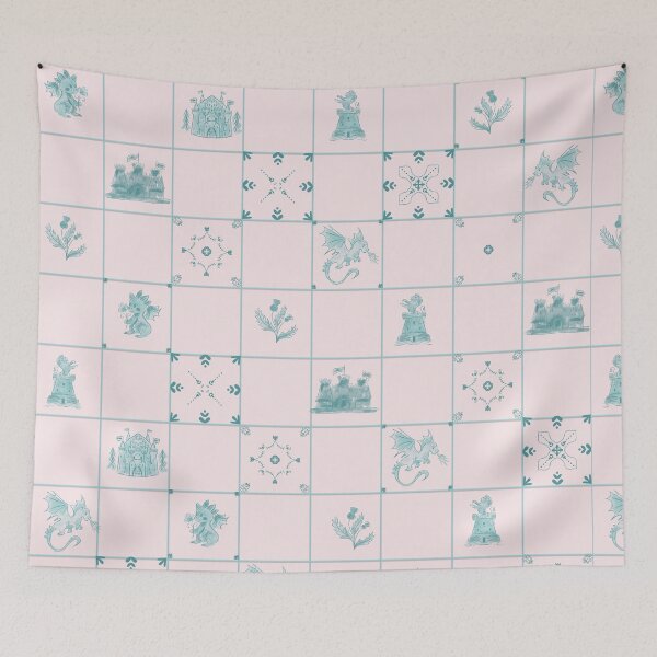 Item preview, Delft Tiles Castlecore Dragons & Medieval Fantasy Castles in teal tone designed and sold by aneladesigns.