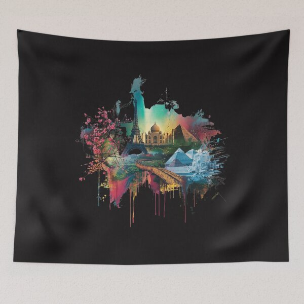 Item preview, Colorful World Landmarks Collage Art - Eiffel Tower, Taj Mahal, Great Wall, Pyramids, Cherry Blossoms designed and sold by TitanRN.