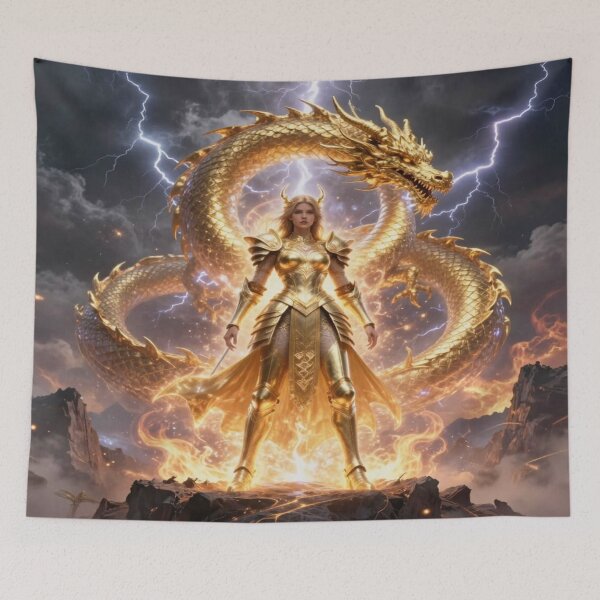 Item preview, Golden Warrior & Dragon Power – Divine Strength in Flames, Lightning & Mythic Fantasy designed and sold by FotoworldEdel.