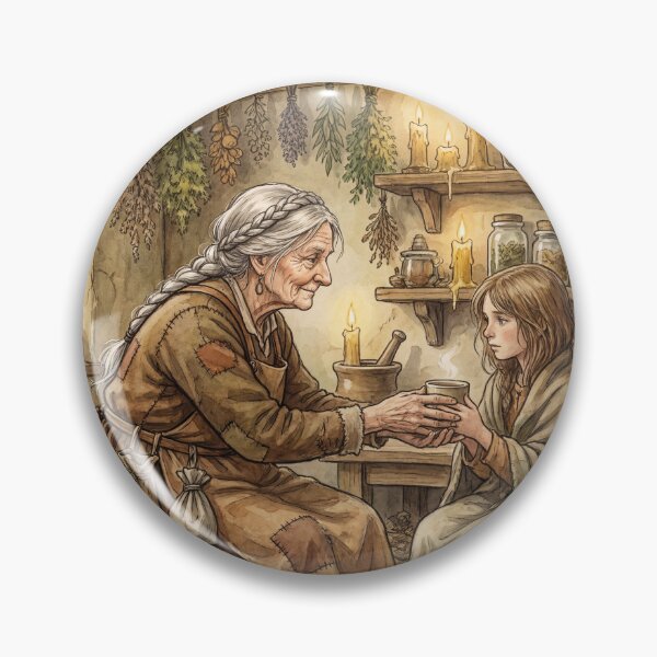 Item preview, Wise witch in her cottage of folklore watercolor artwork illustration designed and sold by Vintage Designs +.
