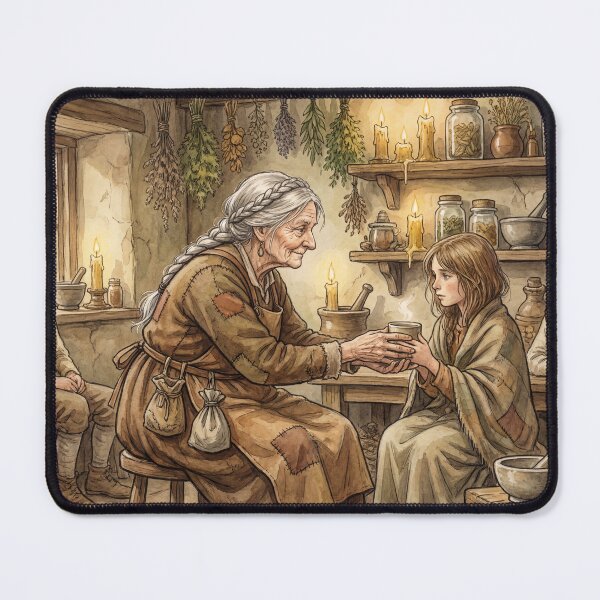 Item preview, Wise witch in her cottage of folklore watercolor artwork illustration designed and sold by Vintage Designs +.