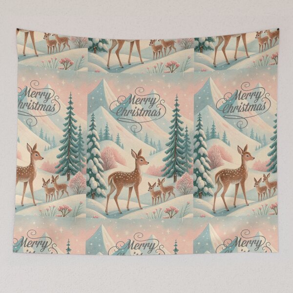 Item preview, Merry Christmas, beautiful classic postcard style, reindeers in snowy mountain designed and sold by Coolparrotgirl.