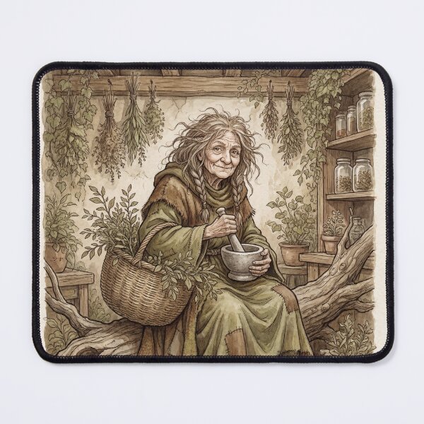 Item preview, Wise witch mixing potions creature of folklore watercolor artwork illustration designed and sold by Vintage Designs +.