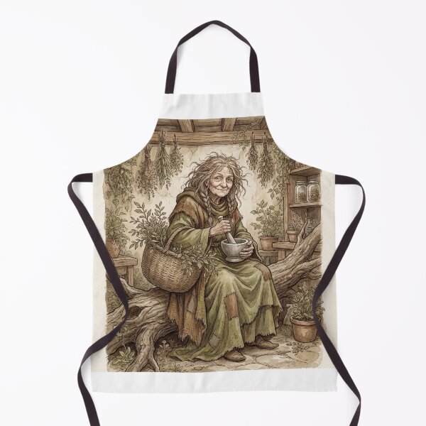 Item preview, Wise witch mixing potions creature of folklore watercolor artwork illustration designed and sold by Vintage Designs +.