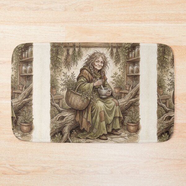 Item preview, Wise witch mixing potions creature of folklore watercolor artwork illustration designed and sold by Vintage Designs +.