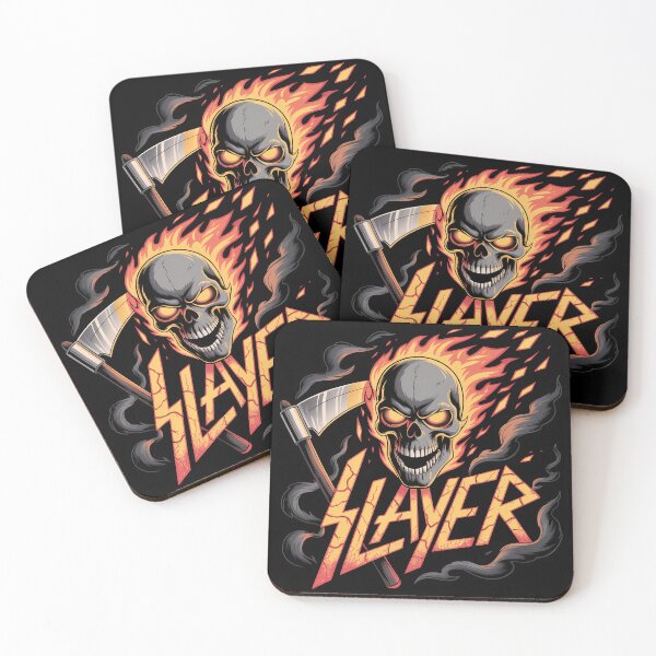 Item preview, A skull with flames and an axe forming the slayer logo on a black background designed and sold by Koolzilla.