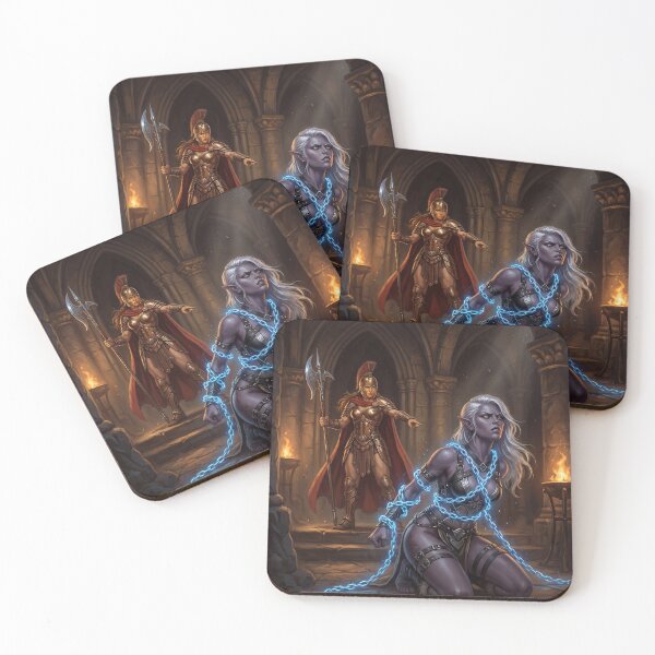 Item preview, Dark Elf warrior woman chained in Defiance illustration fantasy art style designed and sold by Vintage Designs +.