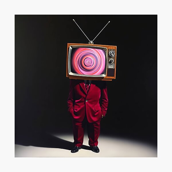 Artikelvorschau, Hypnotischer Fernsehkopf im roten Anzug – surreales Retro-Fernsehporträt entworfen und verkauft von Cine8.