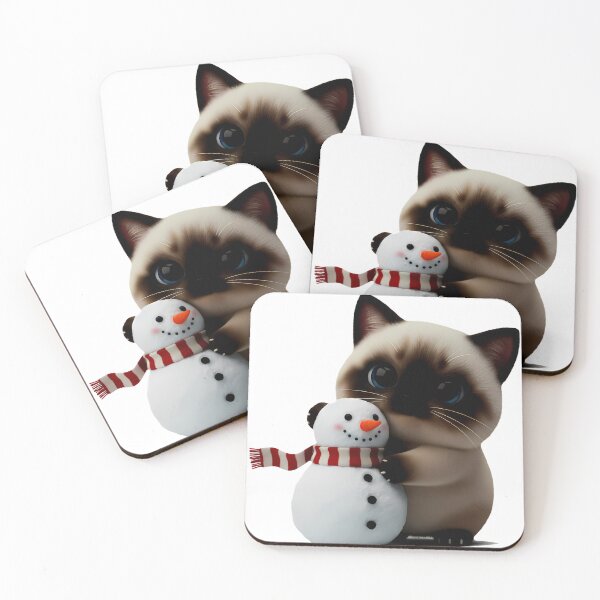Item preview, Siamese Kitten Hugging Snowman – Cozy Christmas Art designed and sold by meesub.