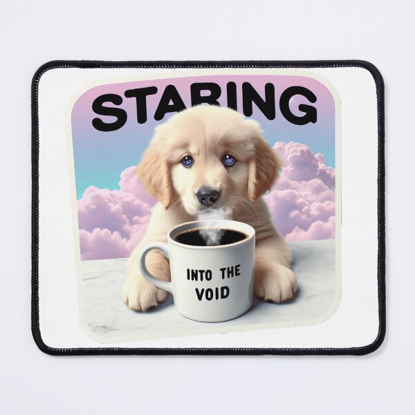 Item preview, Photorealistic Golden Retriever Puppy Staring Into the Void Coffee Meme Sticker Design designed and sold by ARTCREATESHOP.