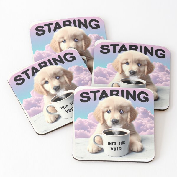 Item preview, Photorealistic Golden Retriever Puppy Staring Into the Void Coffee Meme Sticker Design designed and sold by ARTCREATESHOP.