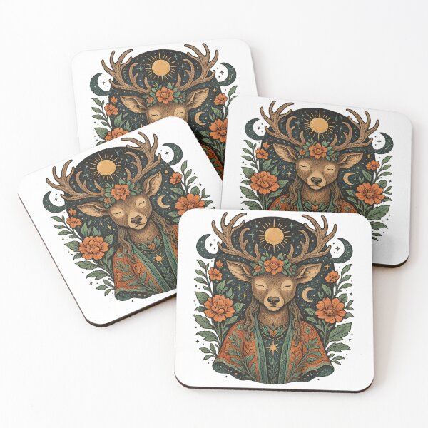 Item preview, Spiritual Deer – Mystic Illustration with Moon, Sun & Flowers designed and sold by RebellDancer.